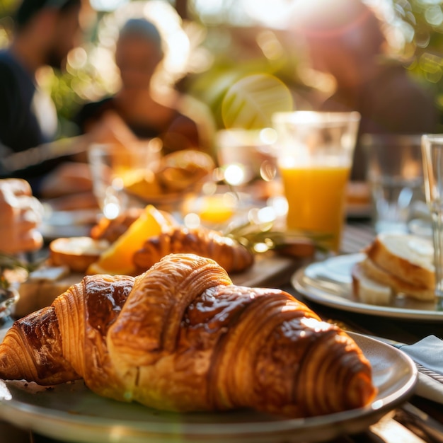 Photo a freshly baked croissant on a plate with blurred background of people enjoying an outdoor meal