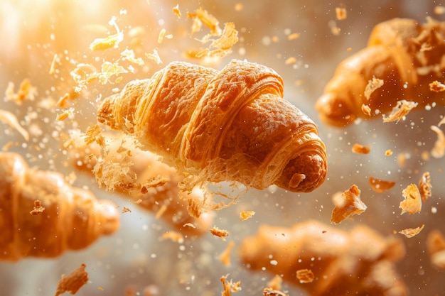 Freshly baked croissant and sweet pastries flying in air Sweet dessert Baked goods