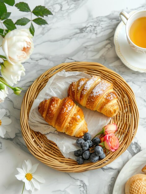 Photo freshly baked croissants served with a warm cup of tea