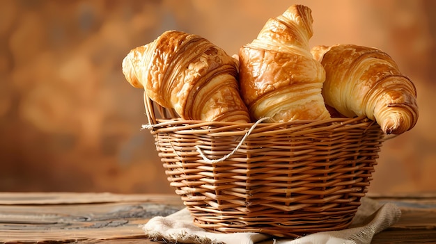 Freshly baked croissants in wicker basket warm lighting right third empty