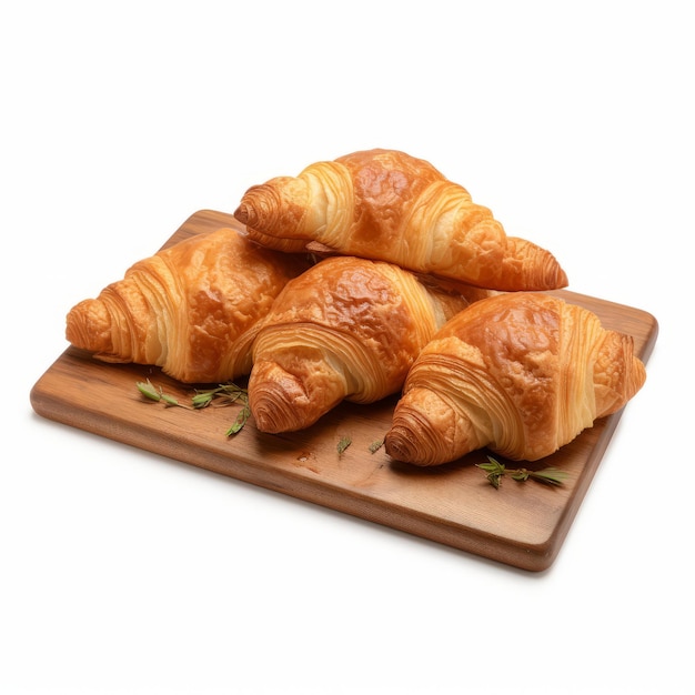 Freshly baked croissants on wooden board isolated on white background