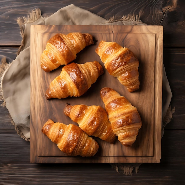 Freshly baked croissants on a wooden board top view