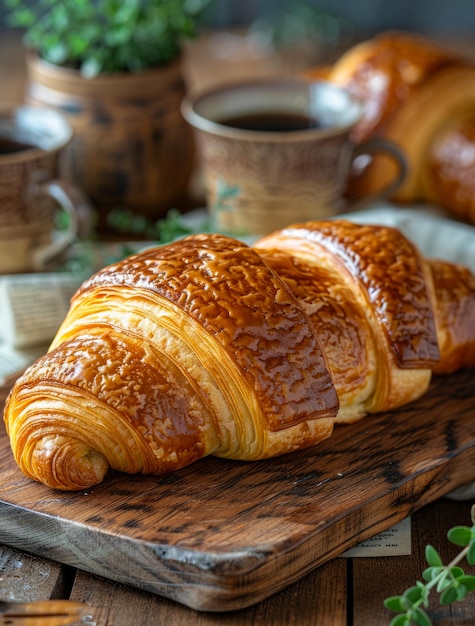 Freshly baked croissants on wooden board