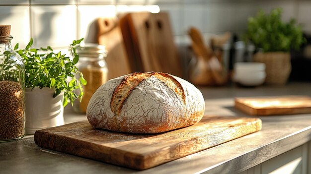 Photo freshly baked crusty bread on wooden cutting board in kitchen