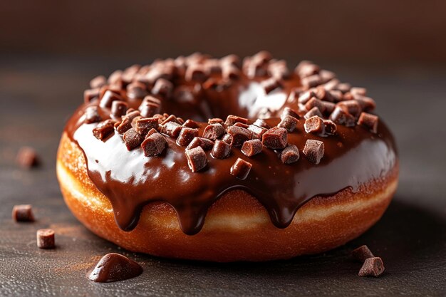 a freshly baked donut with a glossy chocolate glaze dripping down its sides