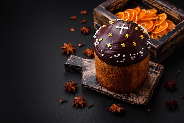 Freshly baked Easter cake or panettone with chocolate coating