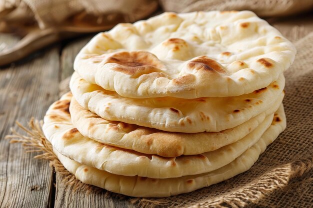 Freshly baked flatbread stack on rustic wooden table