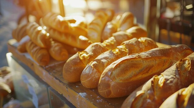 Freshly baked golden baguettes basking in warm sunlight on a bakery shelf