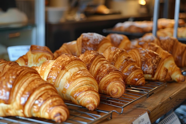 Freshly baked golden croissants on display