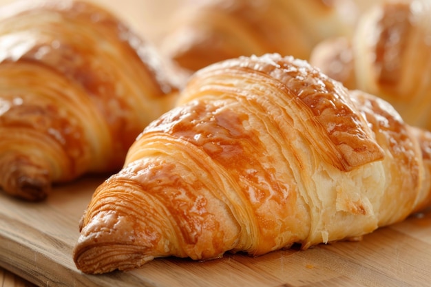 Freshly baked golden croissants on wooden background