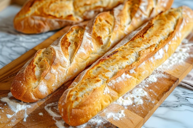 Freshly Baked Golden Crusty French Baguette Loaves with Fluffy Soft Crumb Texture on Wooden Surface