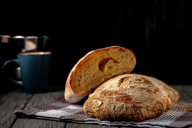 Freshly baked homemade bread is on the table