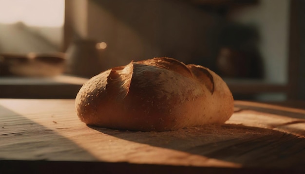 Freshly baked homemade bread on kitchen table Tasty food