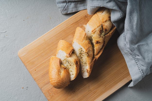 Freshly baked homemade bread with crispy crust and garlic