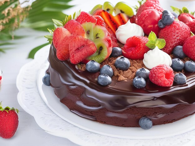 Freshly baked homemade chocolate cake with whipped cream and fruit decoration