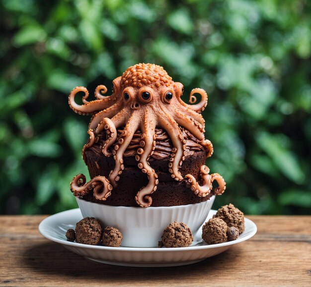 Freshly baked homemade octopus cake on wooden table selective focus