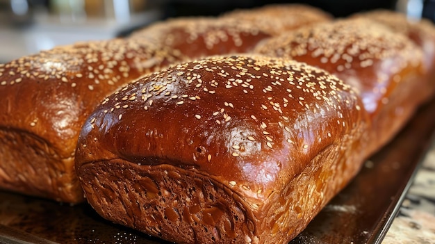 Freshly Baked Homemade Wheat Bread Loaves with Sesame Seeds on a Kitchen Counter