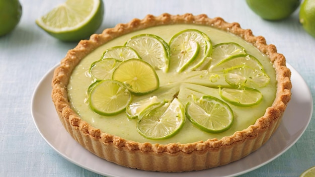 Freshly baked key lime pie on table