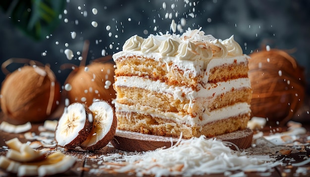 Freshly Baked Layered Sponge Cake with Banana Filling and Whipped Cream Topping on Rustic Table