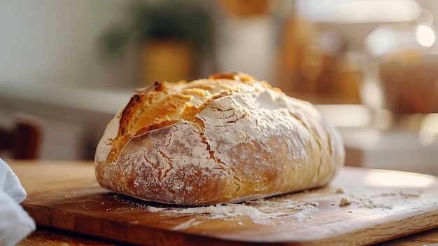 Freshly baked loaf of bread on a wooden cutting board with flour