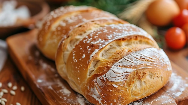 A freshly baked loaf of bread on a wooden cutting board