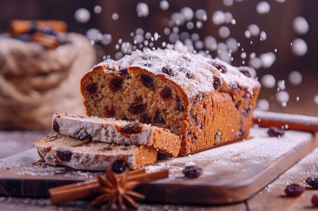 Freshly Baked Loaf of Fruit Bread Sprinkled with Icing Sugar on Wooden Board with Rustic Background