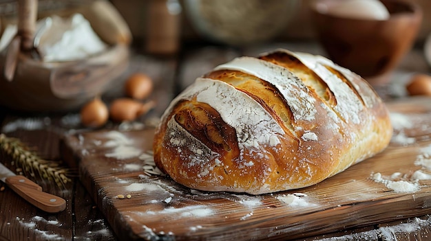 A freshly baked loaf of sourdough bread on a rustic wooden board