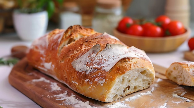 A freshly baked loaf of sourdough bread sits on a wooden cutting board with a slice cut off