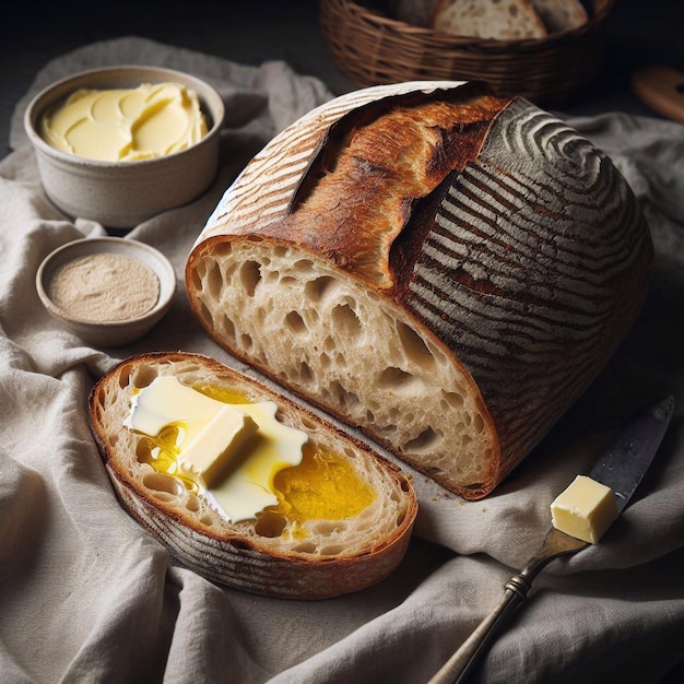 A freshly baked loaf of sourdough bread with butter