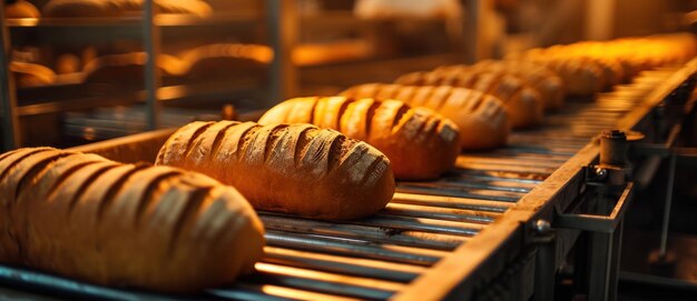 Freshly baked loaves of bread line the conveyor belt the golden crusts a testament to the art of bakery perfection