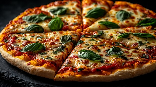 Photo freshly baked margherita pizza with basil and mozzarella cheese on black background