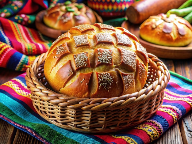 Photo a freshly baked pan mexicano in a wicker basket on a colorful tablecloth generative ai