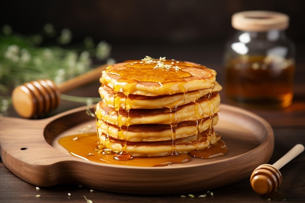 Freshly baked pancakes stacked on a wooden plate drizzled with honey generated