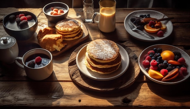 Freshly baked pancakes with mixed berry syrup generated by AI