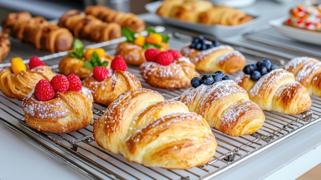 Photo freshly baked pastries on a cooling rack featuring raspberries and blueberries perfect for breakfast