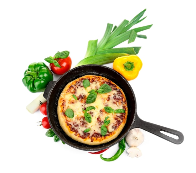 Freshly baked pizza in a pan on white background