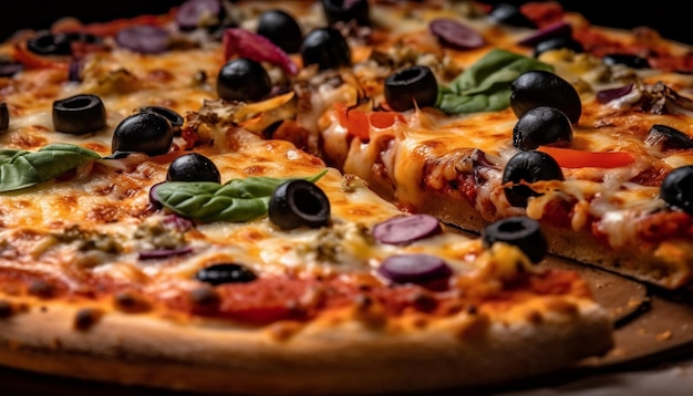 Freshly baked pizza on rustic wooden table generated by AI