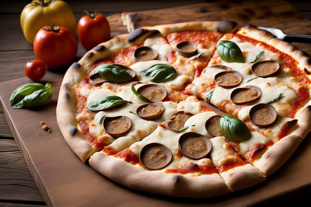 Freshly baked pizza on rustic wooden table