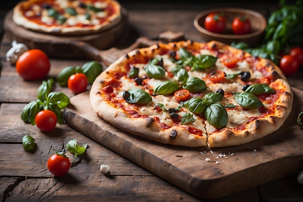 Freshly baked pizza on rustic wooden table