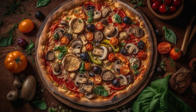 Freshly baked pizza on wooden table gourmet meal generated by AI