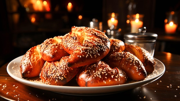 Freshly baked pretzels on a rustic wooden table a gourmet snack