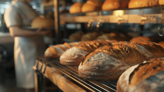 Freshly baked rustic bread loaves cooling on racks in a warm inviting bakery setting