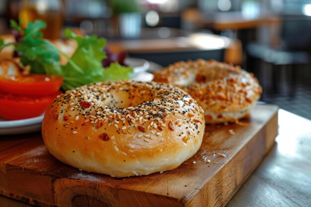 Freshly baked sesame seed bagels on wooden board