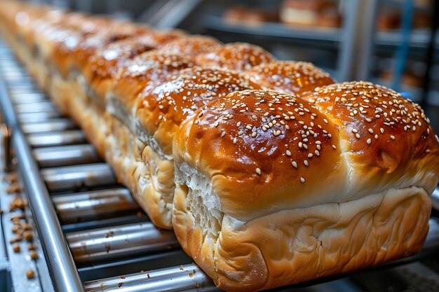 Freshly Baked Sesame Seed Brioche on Production Line Industrial Bakery Process