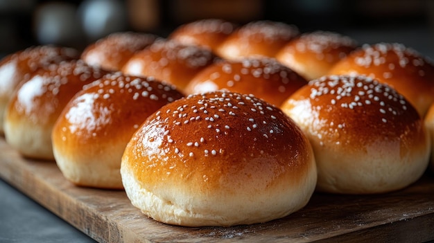 Freshly Baked Sesame Seed Buns on a Wooden Board