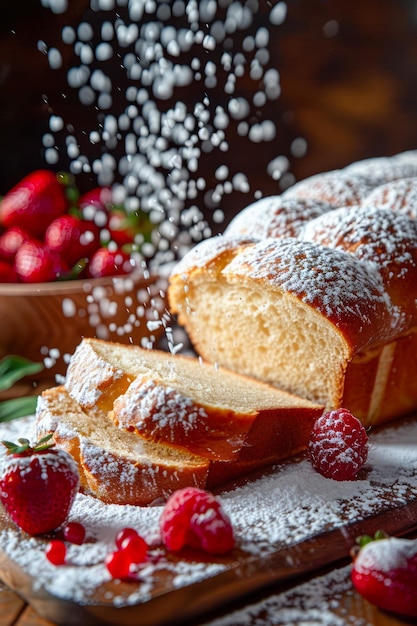 Freshly Baked Sponge Cake with Powdered Sugar Topping and Strawberries on Rustic Wooden Table