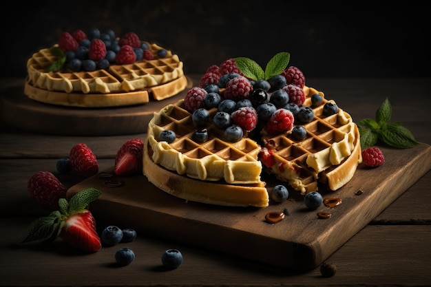 Freshly baked stack of belgian waffles with berries on wooden cutting board AI generation