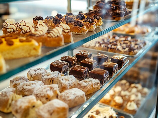 Freshly baked sweet bread on a bakery glass shelf