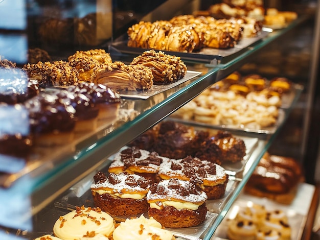 Freshly baked sweet bread on a bakery glass shelf