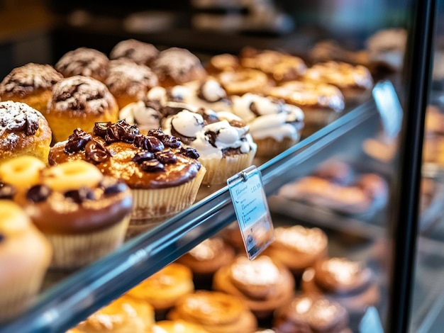 Freshly baked sweet bread on a bakery glass shelf